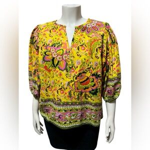 NWT Gibson Latimer Sz L Floral Peasant Blouse 3/4 Sleeves Split
V-Neck Linen Bld